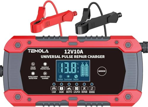 TEMOLA 10A 12V battery charger - 3-Stage Automatic Deep Cycle Trickle Charger for Car Battery with LCD Display, Battery Maintainer with LCD Display for Car Truck Motorcycle Lawn Mower