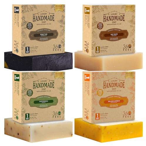 360Feel Mens Bar Soap - Made in the USA - Castile Handmade All Natural Cold Processed - Includes 4 Bold Masculine Scents: Bay Rum, Pine Tar Black Soap bar, Patchouli & Island Citrus (5oz, 4-Pack)
