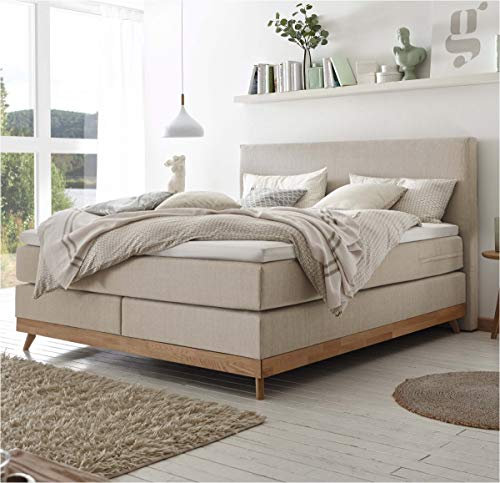 Hasena Boxspringbett Scandia Eiche Bianco|Stoff beige 140x200 Topper Agrea (Liegekomfort: medium)