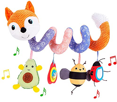 ORZIZRO Car Seat Toys, Baby Plush Spiral Hanging Toys for Stroller Crib Bar Bassinet Car Seat Mobile with Music Box BB Squeaker Rattles- Orange Fox