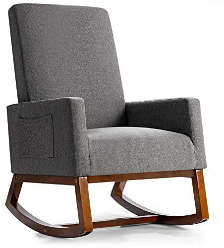 Giantex Upholstered Rocking Chair, Modern Fabric Armchair w/Wood Base, Side Pocket, Linen Padded Seat, High Back Accent Glider Rocker Chair, Mid-Century Leisure Chair for Nursery, Living Room (Gray)