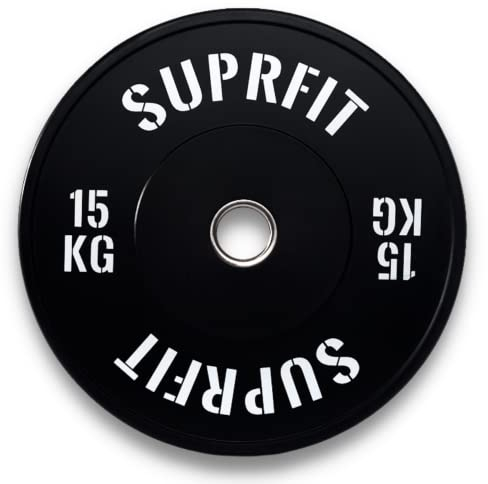 SUPRFIT Gummierte Fitness Bumper Plates 50mm Gewichtsscheiben aus Vollgummigranulat - Gewicht: 15kg, Stoßabsorbierende Hantelscheiben 50mm fürs Hanteltraining, Gewichtscheiben - Farbe: Schwarz/Weiß