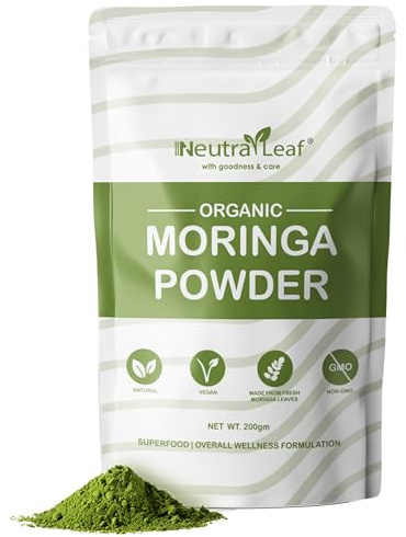 Neutra Leaf Moringa in polvere biologica da 200 g, potenziatore dell'immunità, migliora la digestione e aiuta a gestire il peso, multivitaminico naturale, antiossidante, buono per capelli e pelle,