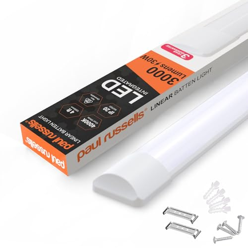 paul russells 4ft LED Batten Light, Ceiling Fitting Tube Light, 4000K Cool White 30W, 3000 Lumens, Light for Office, Bathroom, Kitchen, Garage, Warehouse Fluorescent Lighting Replacement, 1 Pack