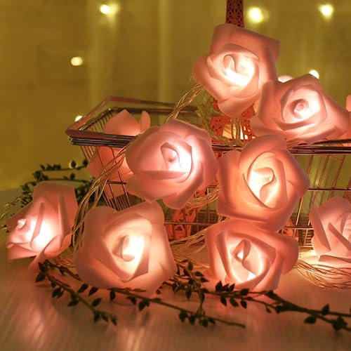 HAOSHICS Stringa di luci a batteria, a forma di rosa, per Natale, San Valentino, matrimoni, feste, interni, decorazione da giardino (rosa rosa, 1,5 m, 10 LED)