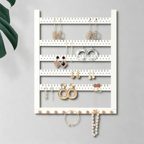 Wall Mounted Earring Organizer, Earring Holder Organizer Wall,Solid Wood Earring Hanging Jewelry Organizer and Storage, Wooden Necklace Holder, Earring Display for Studs, Dangling, Bracelet and Rings