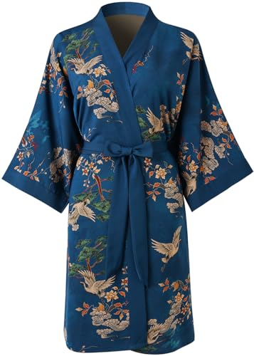 Ledamon Damen Kimono Kurz Robe für Frauen - Pocket Floral Bademantel Nachthemd (Dunkelblau)