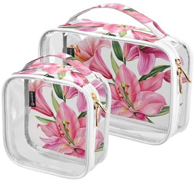 Trousse de toilette de voyage transparente, bouquet de fleurs de lys roses, 2 pièces, trousse de maquillage portable, sac cosmétique transparent, pochette de rangement de voyage, A1350, Trousse de