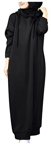 Beokeuioe Women's Pullover Hoodie Dress, Oversize Hoodie, Long Sweatshirts, Jumper Dresses, Abaya Muslim Women's Prayer Clothing, Long-Sleeve Arabic Robe, A Black, M