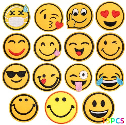 Parches Ropa Termoadhesivos para Planchar o Coser, 15 unidades Emoji, Rodilleras para Niños, Parches para Mochilas, Vaqueros… (15 unidades)