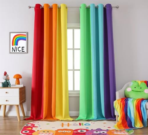 THOOO 2 Panels Rainbow Curtains Blackout Curtains 95 Inches Long for Bedroom Living Room Classroom Nursery Colorful Room Darkening Grommet Curtains Patchwork Red, Orange, Yellow, Green, Blue, Purple