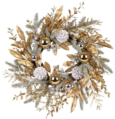 Zavothy Türkranz Weihnachten 50 cm, Weihnachtskranz, Künstlicher Kranz mit Tannenzapfen und Weihnachtskugeln, Adventskranz, Weihnachtsdeko, Haustür Dekoration (Gold)