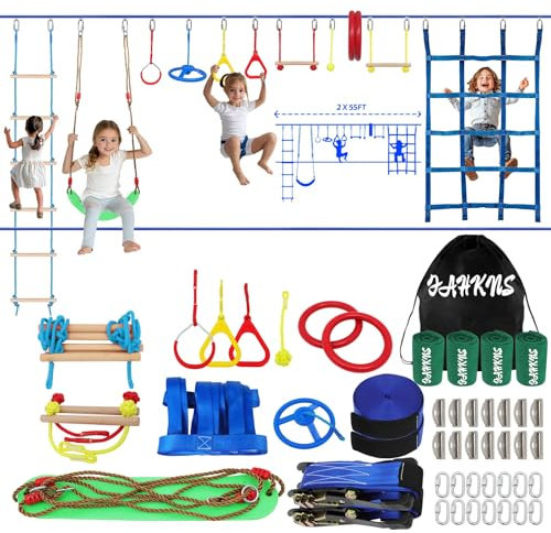 FAHKNS Ninja Warrior Obstacle Course for Kids - 2 x 55ft Slackline Kit with 13 Ninja Accessories for Kids,Obstacles Cargo Net Rope Ladder Monkey Bars Ninja Course for Kids