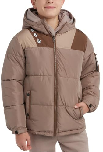 Volcom Boys Winter Coat - Sherpa Lined Winter Jacket Zip Up Hooded Puffer Quilted Kids Outerwear Jacket for Boys (4-20), Size 14-16, Chestnut