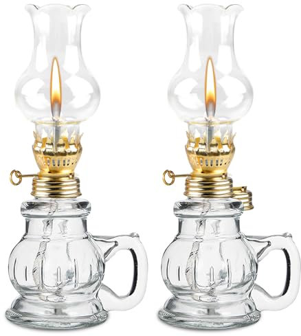 2 Stück Petroleumlampe für Innenräume, Öllampen aus Glas Retro Nostalgie Transparente Einstellbare Helligkeit, Winddicht Dekorative Öllampe für Wohnzimmer Esszimmer Notfalleinsatz