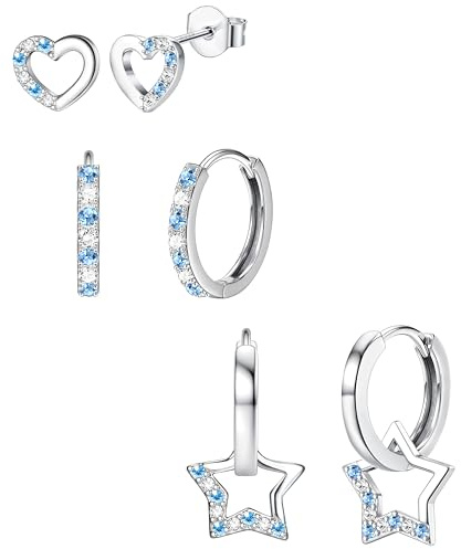JeweBella Örhängen i flerpack, 3 par örhängen i 925 Sterling silver för kvinnor och tjejer, hypoallergena, med hjärta, stjärna och stift, örhängen i set för flera piercingar