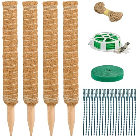 Relaxdays Tuteurs en Fibre de Coco, Lot de 4, pour Monstera, pothos, Supports Plantes, avec Accessoires, 40 cm, Nature