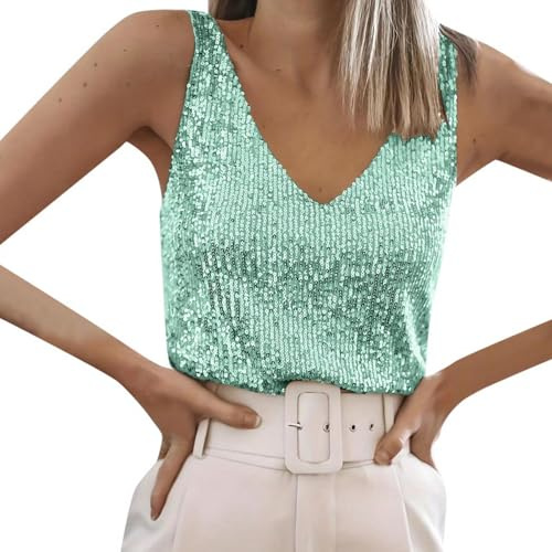 Camiseta Verano de Lentejuelas Colores Sólidos para Mujer Vintage V-Cuello Chaleco sin Mangas Chaleco Elástico Suelto Sexy Camisola Top Blusas Ajustadas para Mujer Ropa Calle Casual y de (Green, XXL)