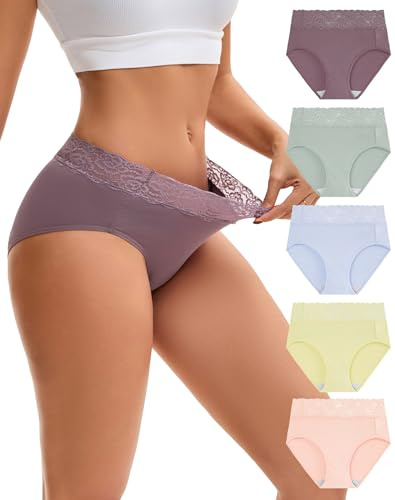 INNERSY Bragas Algodon Mujer con Encaje Braguita Talle Alto Suave Pack de 5 | Braguitas Cintura Alta, Slip Elástico, Ropa Interior Lace, Culotte Suave y Cómodo, Entrepierna 100% Algodón, Sin Etiquetas