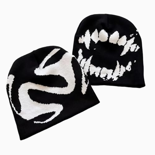 Winatehr Black Graphic Beanie for Men Women, Streetwear y2k Knitted Hat, Slouchy Goth Skull Cap (2 pcs)