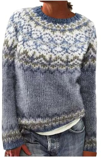 Maglione Donna Invernale Elegante Caldo Morbido Maglia Norvegese Jacquard Girocollo Maniche Lunghe Pullover Vintage Sciolto Autunno Inverno Taglie Forti Maglioncino Lavorato a Casual Comodo Sweater