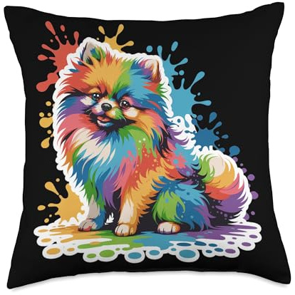 Rainbow Paint Splash Pomeranian Colorful Pom Puppy Throw Pillow