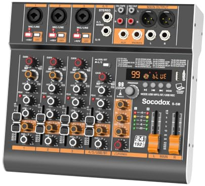 Socodox Mezcladora de audio de 5 canales con Bluetooth y 99 efectos DSP