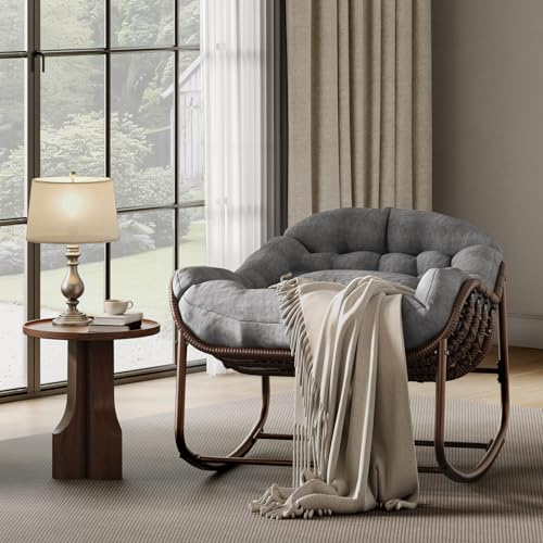 Zstar Fauteuil de jardin à bascule Papasan surdimensionné – Chaise œuf en rotin tressé externeérieur – Coussin épais – Cadre en métal robuste – Idéal terrasse, balcon, salon, jardin – Marron + rotin