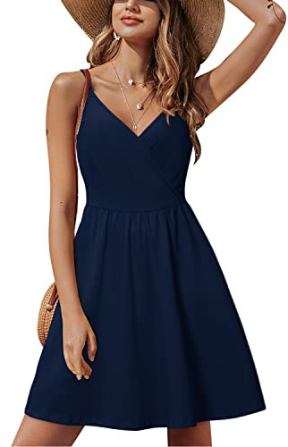 STYLEWORD Women's V Neck Spaghetti Strap Summer Dress Skater Casual Dress Swing Midi Sundress with Pockets(B2-navy-429,L)