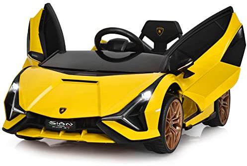 COSTWAY Macchina Elettrica Lamborghini per Bambini da 12V, Veicolo Elettrico Cavalcabile con Luci LED MP3 Telecomando, Fino a 5km/h, +3 Anni (Giallo)