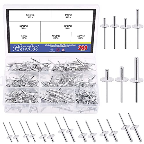 Glarks 260Pcs 7 Sizes Large Flange Aluminum Blind Rivets Pop Rivets Assortment Set for Joining Metal Plate Pipe Automotive