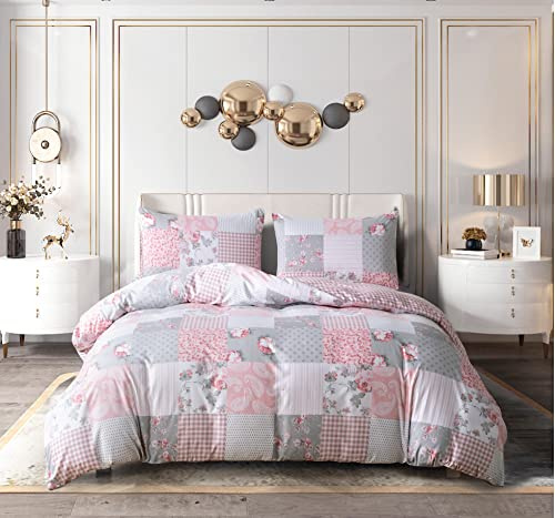 Best Linen 4 Piece Duvet Cover Set Microfiber Quilt Cover Pillow Case & Fitted Sheet Complete Bedding Set Easy Care Machine Wash Anti Allergic (Floral Grey, King)