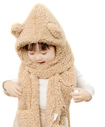 ISAKEN Ensemble 3 en 1 Chapeau Echarpe Moufle Femme Fille Bonnet Hiver Chaud en Peluche Chapeau Cagoules avec Foulard et Gants Capuche Bonnet Capuche écharpe Chapeau d'hiver pour Enfants