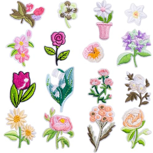 HINZIC 20pcs Mini Flower Iron On Patches 17 Patterns Decorative Embroidered Patches Floral Sewing Appliques Valentines Wedding for Jeans, Clothing, Jacket, Hat, Backpacks, Pants, Bouquet