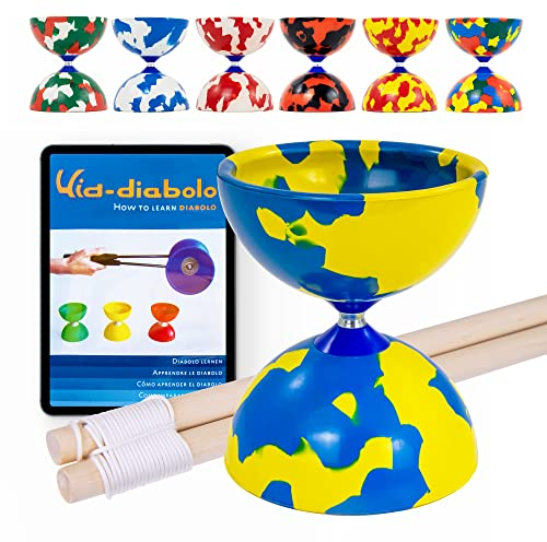 Juggle Dream Jester Diabolo Jonglierset – Fester Achse Profi-Diabolo mit Hölzernen Handstäben, Online-Lernvideo – Jonglierspielzeug (Blau/Gelb)