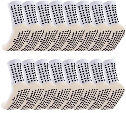 Ukontagood 8 Pack Men's Soccer Socks Anti Slip Non Slip Grip Pads for Football Basketball Sports Grip Soccer Socks White