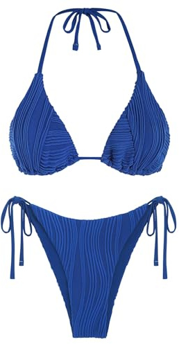 ZAFUL Two Piece Bathing Suit for Women Halter Neck Removable Pads Full Lining High Cut String Swimsuit Royal Blue M