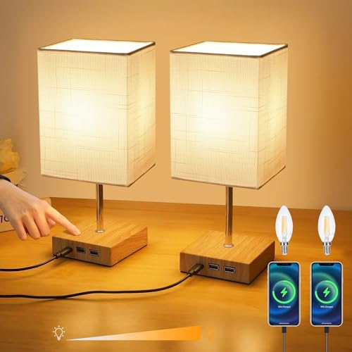 Lightess 2er Set Nachttischlampe Touch Dimmbar Holz Tischlampen USB Tischleuchten LED Modern Retro Stoffshirm mit E14 Glühbirne Warmweiss für Wohnzimmer Schlafzimmer Tisch Kinderzimmer, Weiss