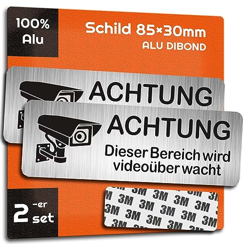 AIFIZO Schild Videoüberwachung 2 Stück 85mm×30mm mit 3M Tape, Gebürsteter Aluminium Achtung Videoüberwachung Schild, Achtung Privatgrundstück, Selbstklebend & Aluminium, Videoüberwachung Schild