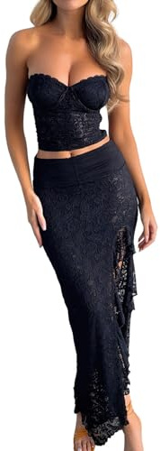 MAHUAOYIXI Conjunto de 2 piezas elegante para mujer, mono entallado transparente, sexy, top sin mangas, corsé sin tirantes de encaje bordado floral corto + falda con aberturas largas sexy, Negro A., S