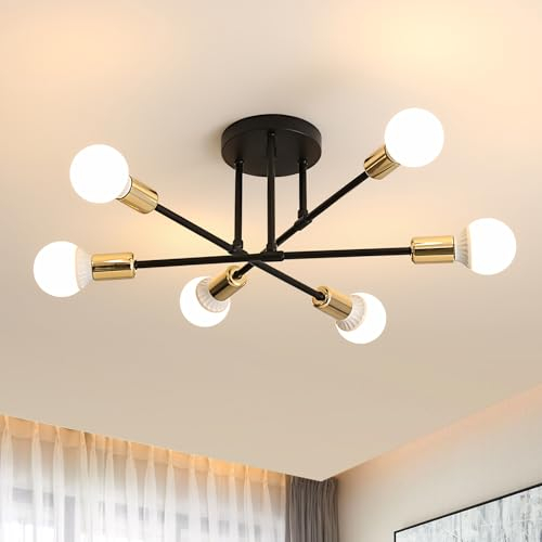 Osairous Lampada da soffitto industriale, 6 luci, vintage, nero e oro, 52 cm (L) x 23 cm (H), cucina, soggiorno, camera da letto