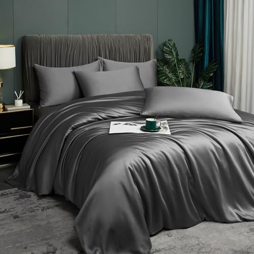 Luofanfei - Funda nórdica de bambú, 220 x 240 cm, color gris antracita, Lyocell para adultos, 2 personas, juego de ropa de cama, lisa, seda lisa, sedosa, brillante, moderno, juego de cama con