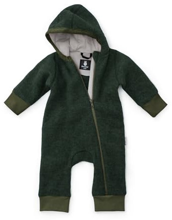 Ehrenkind® Fleeceoverall aus 100% Bio-Merinowolle, Atmungsaktiv & temperaturausgleichend, Wollfleece, Baby Overall mit Kapuze, Waldgrün 62/68
