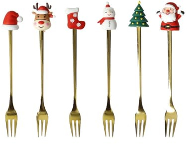 Brandani 89911 Set di 6 Forchettine Gold con Soggetti Natalizi in Acciaio Inox e Silicone - Perfette per Dessert e Stuzzichini - cm 15