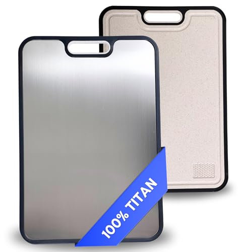 Planche à découper en titane - Antibactérienne, sans nickel, hygiénique - Grande planche de cuisine avec nouveau design - Durable et antidérapante - Planche à découper en titane parfaitement