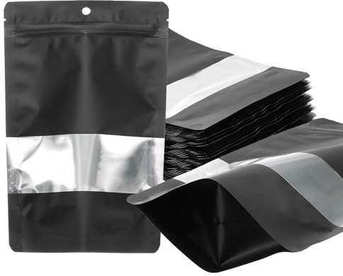 PATIKIL 5.91x8.66 in Sacchetti Stand Up, 60 Pezzi Sacchetti RiapriBili in Alluminio Metallo Opaco con Finestra Trasparente e Zip per Conservazione Alimenti e Confezionamento Snack, Nero