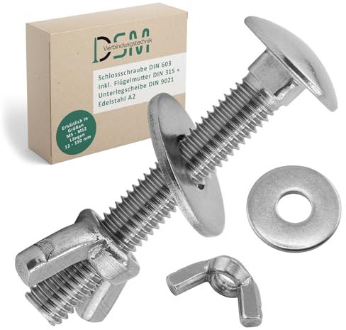 DSM – Tornillos M5 x 30 mm según DIN 603 – Tuerca de mariposa DIN 315 y arandela DIN 9021 – Acero inoxidable A2/V2A – Tornillos de cabeza redonda plana con cuello cuadrado – Tuerca mariposa – 100