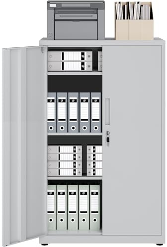 LAND·VOI 4-Tier Lockable Tall Storage Cabinet, Adjustable Shelves Double Door Cupboard 40×80×131.5cm Light Gray