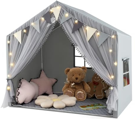 COSTWAY Tienda de Campaña Infantil, Tienda Tipi Infantil con 2 Cortinas de Tela y Malla, Luces de Estrellas, 2 Ventanas Transpirables, Almohadilla de Algodón, Casita Niños Tela para 3-4 Niños (Gris)