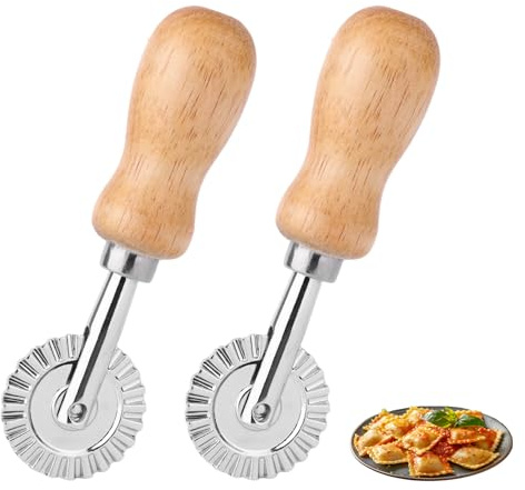 2pcs Fluted Pastry Cutter Wheels, Zinc Alloy Short Ravioli & Pasta Crimper Cutter with Wooden Handle Dough Roller Cracker Maker Tool for Home Kitchen Pizza Cookies Pie Crust Dumplings